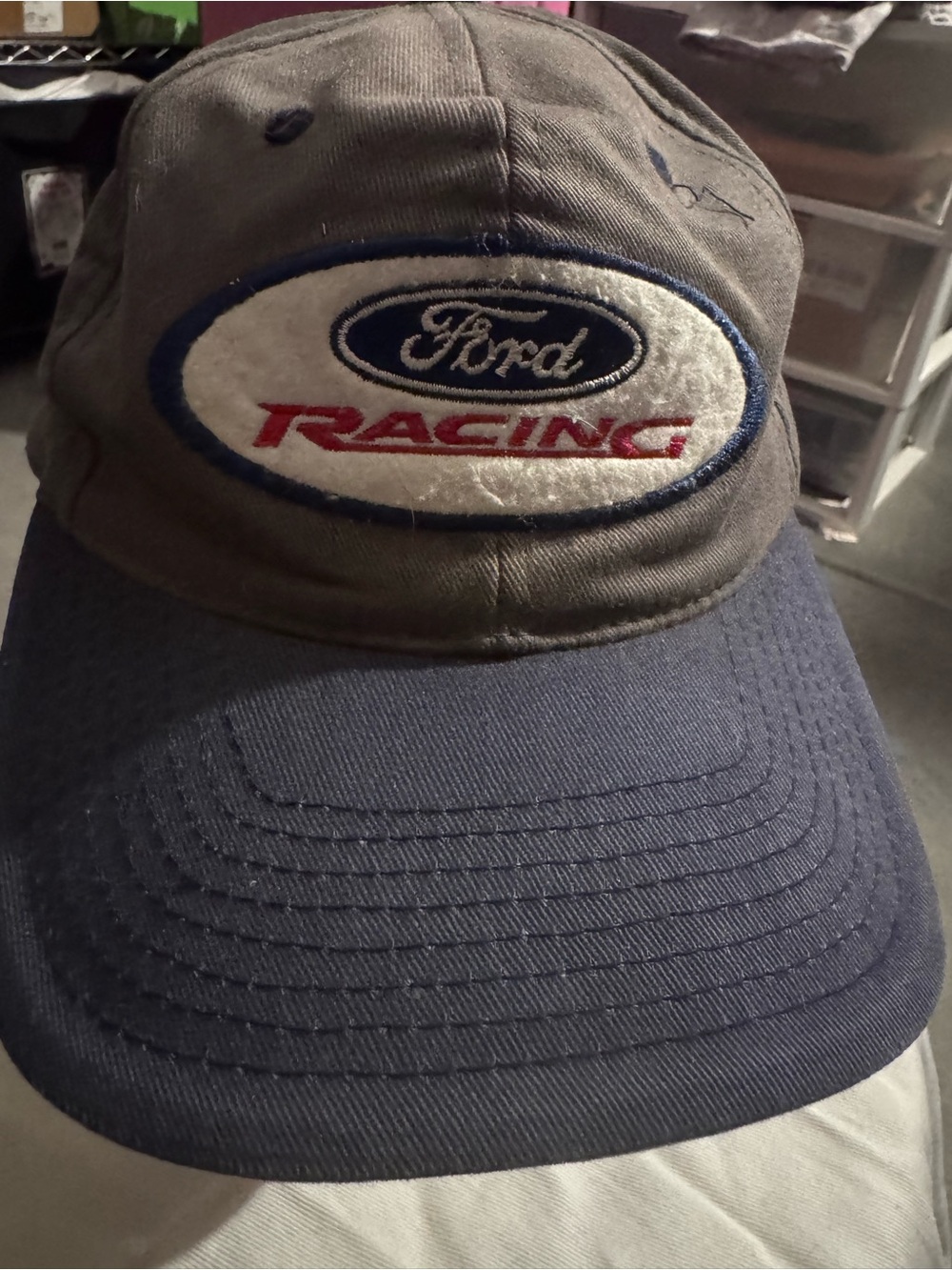 Vintage 90s Ford Racing NASCAR Hat Checkered Flag Sports Snapback Cap Gray Blue